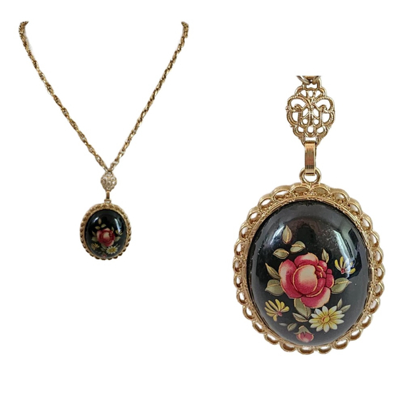 Vintage Hand Painted Floral Porcelain Pendant Necklace 1928 - Picture 1 of 10